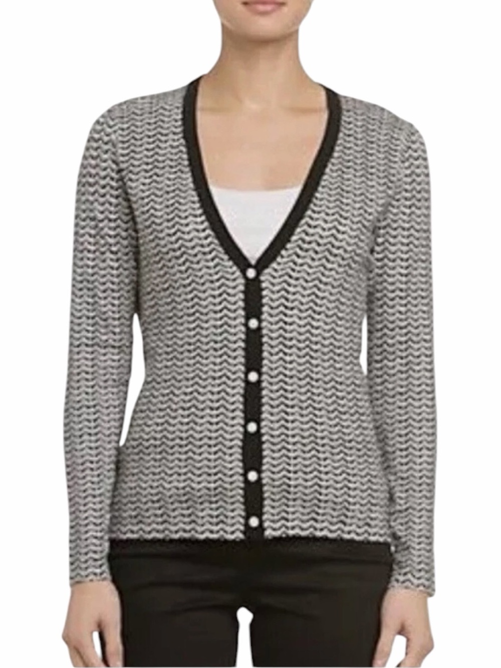 NEW J. McLaughlin Black and White Chevron Print V-Neck Cardigan Sweater Small